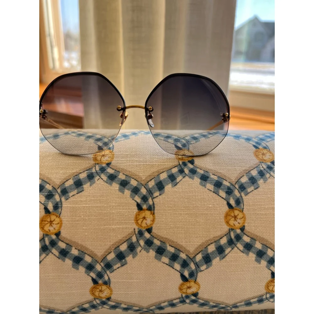 New LINDA FARROW Blue Gold Rimless Round Sunglasses